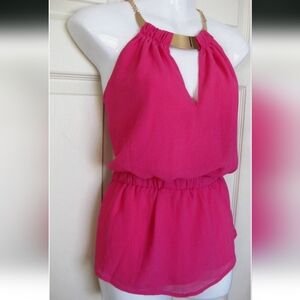 bebe Rose Pink Gold Embellished Neck Cutout Sheer Peplum Dress Top Size S